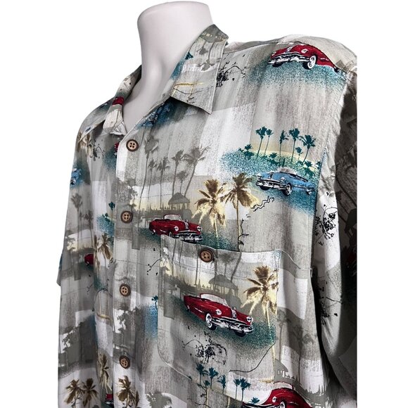 Mens Hawaiian Floral Button Up Camp Shirt XL Pocket Retro Classic Vintage Cars - Picture 5 of 9